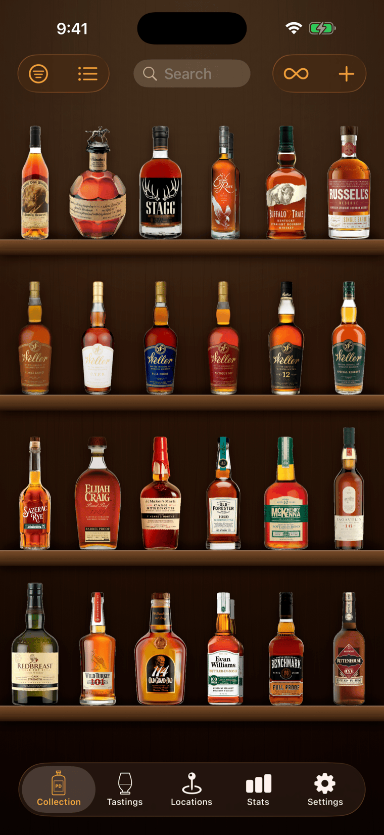 The Pour Decisions collection view: whiskey bottles arranged on dark walnut shelves