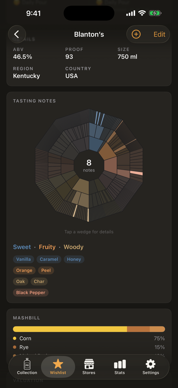 The tasting wheel with eight notes mapped across sweet, fruity, and woody